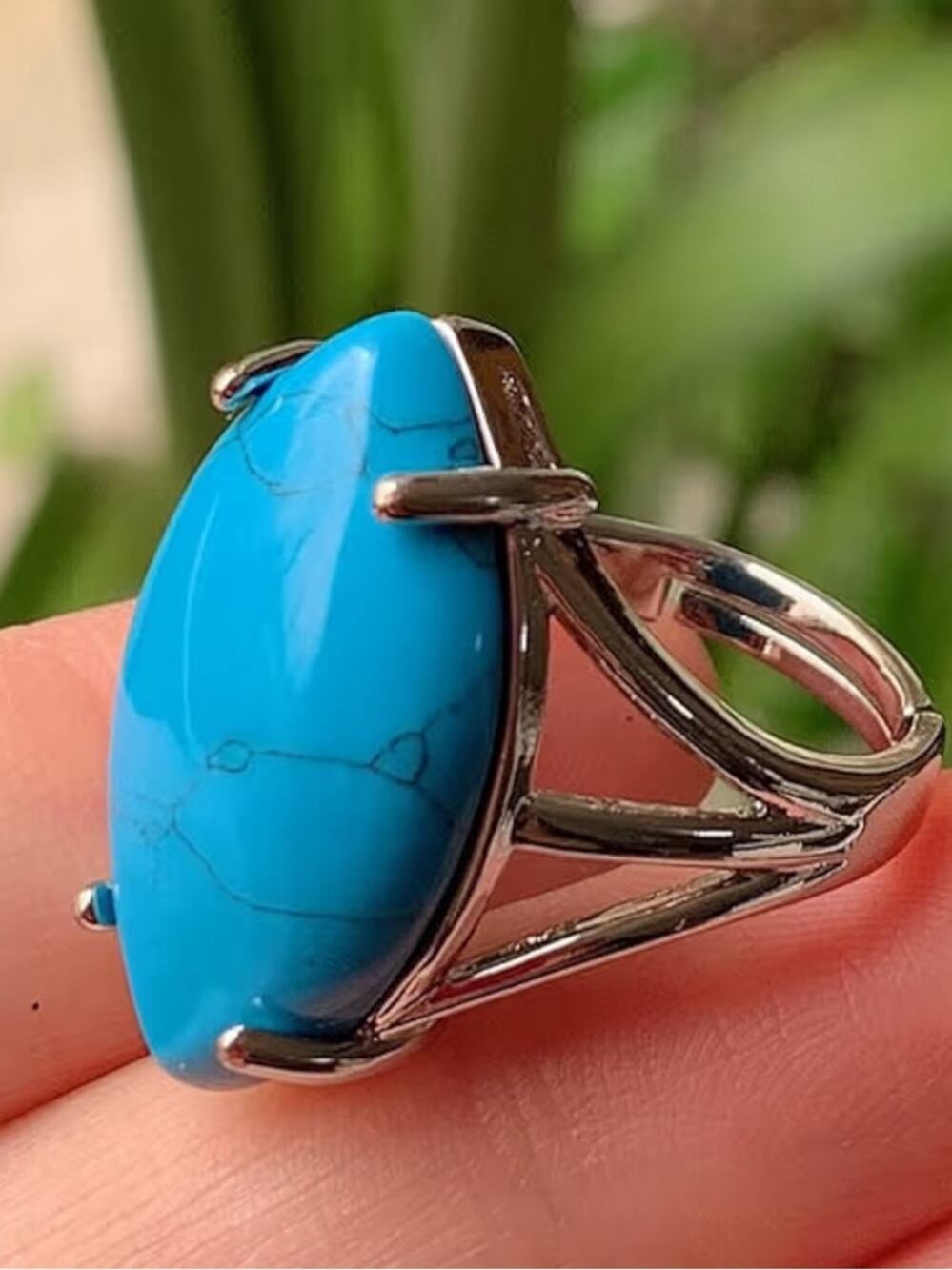 Turquoise Statement Ring Adjustable Boho Silver Tarnish Free